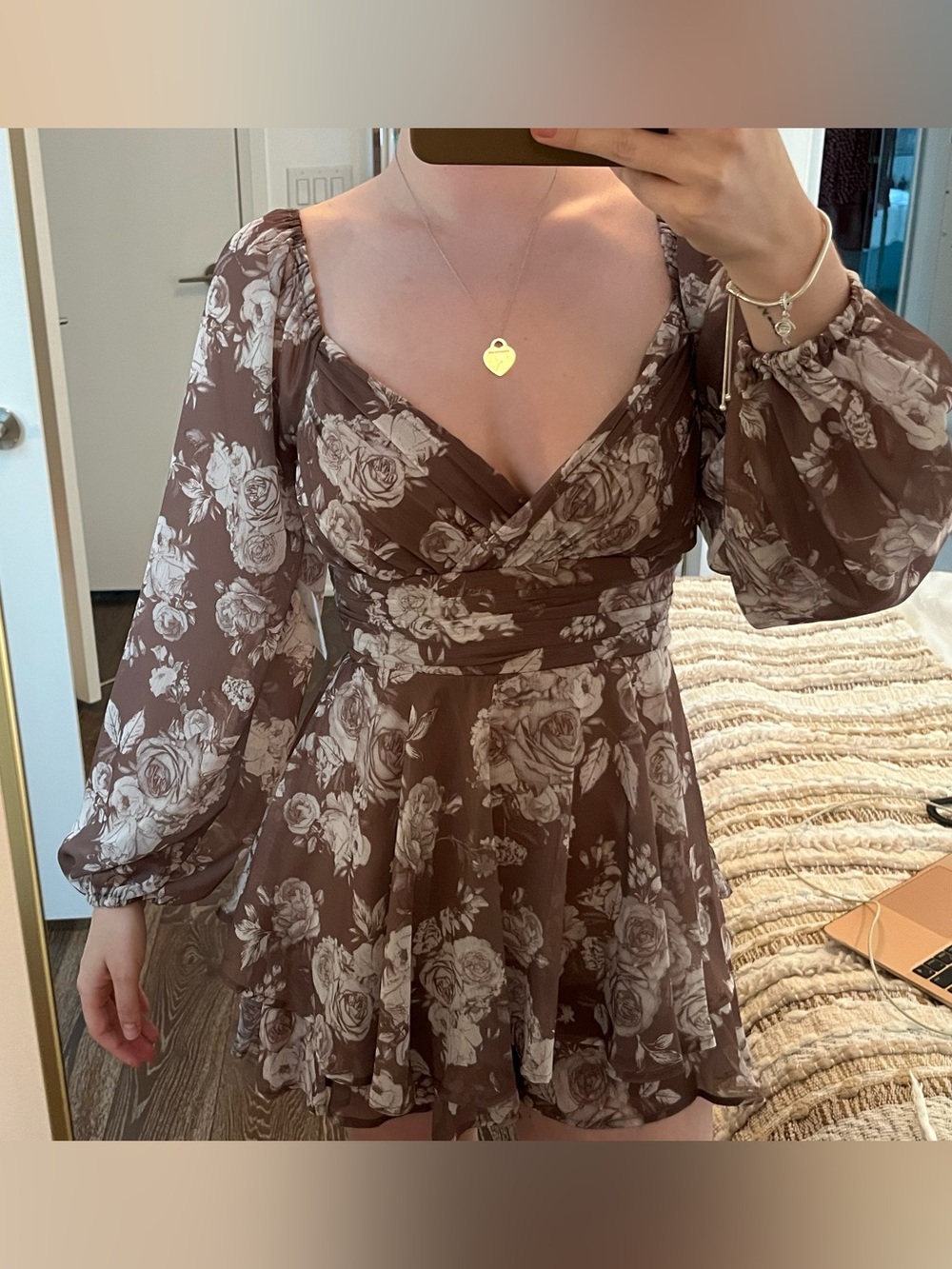 Floral Wrap Mini Dress in Taupe and Cream - NWT - built in shorts